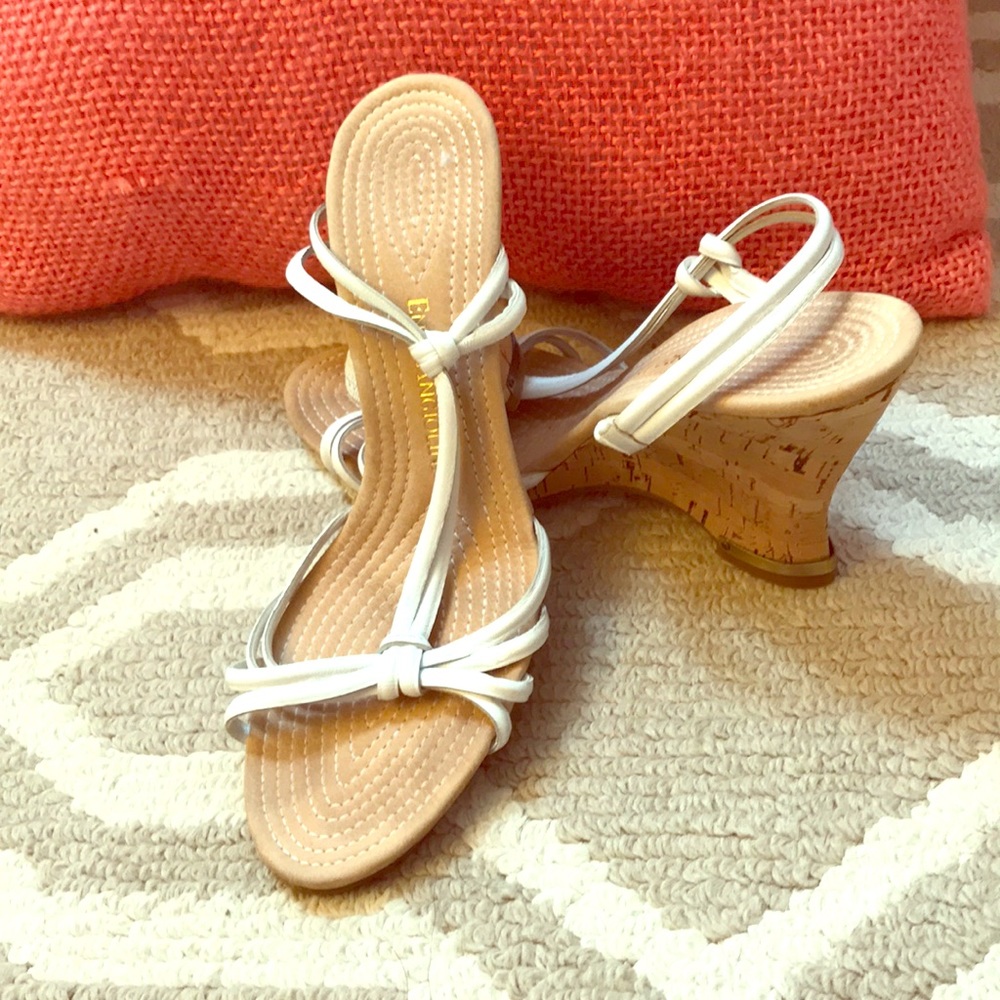 Enzo Angiolini white leather/ cork wedges